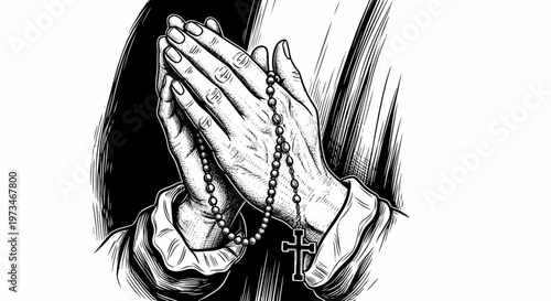 A person praying with clasped hands holding a rosary in a serene environment