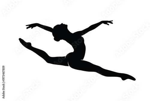 Black Silhouette of Female Dancer Leaping Isolated on White