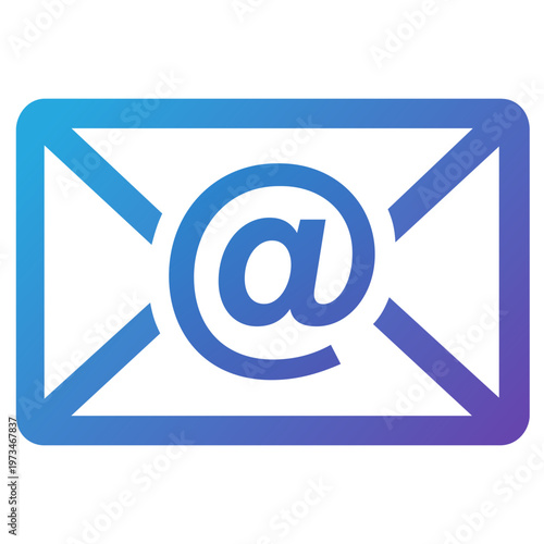 Email At Symbol Envelope Icon Vector Design. Minimalist envelope icon with the "at" symbol (@) in the center. Blue and violet gradient. Classic representation of electronic mail and digital identity.