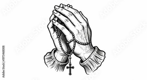 A person clasped hands praying with rosary and cross necklace indoors