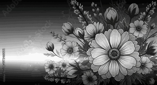 Beautiful black and white floral arrangement with various blooming flowers.
