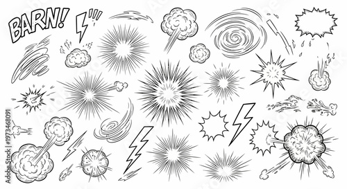 Comic explosion effects and lightning bolts are illustrated in various shapes.