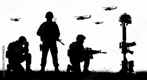 Soldiers in combat gear stand and kneel with guns amid flying helicopters near a memorial.