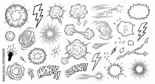 Comic book style explosion and lightning illustrations with dynamic action scenes nearby