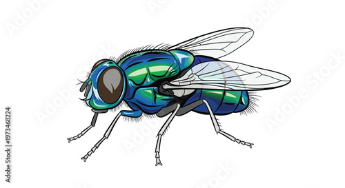Iridescent green bottle fly with its translucent wings and compound eyes, depicted in a resting pose, a common insect species.