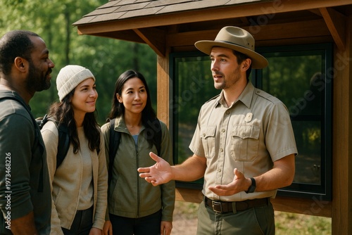 Park ranger talking to a diverse group of hikers at an outdoor information kiosk in the forest under natural daylight setting in summer morning. Ai generative