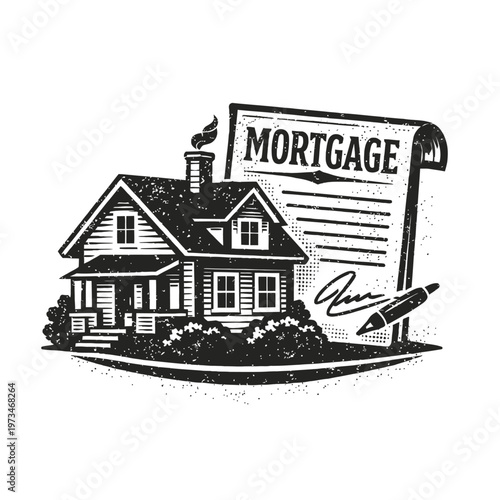 Black and White Vintage Mortgage Document Icon: Classic House, Signature & Pen. This artwork perfectly captures the essence of homeownership, real estate financing, property loans, and secure housing