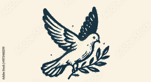 An illustration of a bird holding a leafy branch in flight