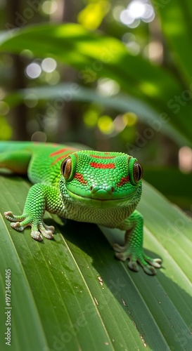 Vibrant Green Gecko Perched on Lush Leaf.