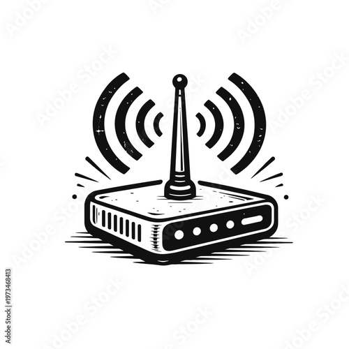 Vintage-style black and white illustration of a wireless internet router with an antenna emitting strong Wi-Fi signals, symbolizing modern digital connectivity, robust home networking, and seamless on