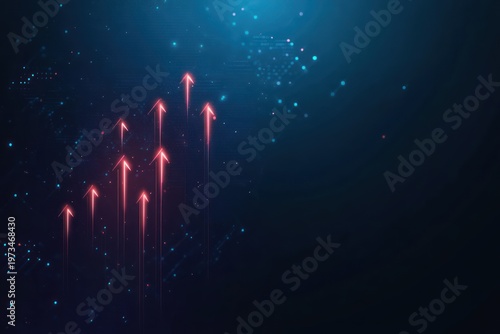 glowing neon upward arrows over blue digital network of dots and faint map conveying dynamic growth forward momentum and futuristic optimism