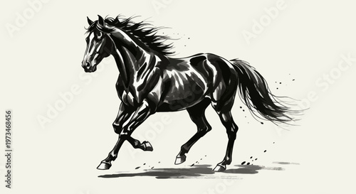 A dynamic illustration of a horse running freely in a natural landscape environment.