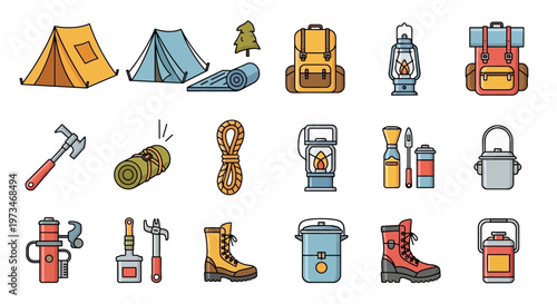 Collection of camping and hiking gear essentials for outdoor adventures.