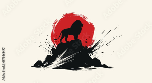 A lion standing on a rocky outcrop against a vibrant red sunset background