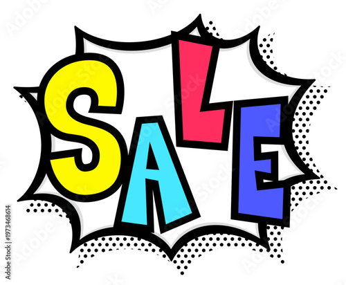 カラフルなSALE文字入りの黒太線のポップなトゲトゲ吹き出し。激安セール告知用。
