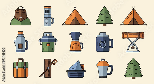 Collection of camping and outdoor adventure gear icons.