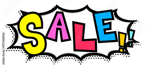 カラフルなSALE!!文字入りの黒太線のポップなトゲトゲ吹き出し。横長の激安セール告知用。
