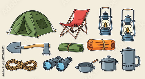 Collection of camping and outdoor adventure gear essentials.