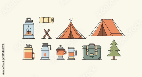 Collection of camping and outdoor adventure gear illustrations.