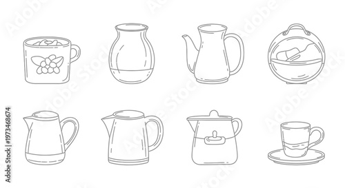 Collection of Hand Drawn Kitchenware and Drink Containers in Sketch Style.