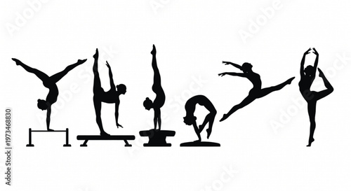 Gymnastics Silhouettes Performing Various Acrobatic Poses on Equipment