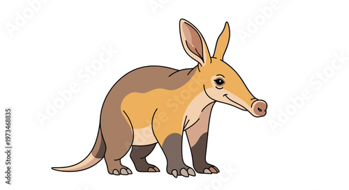 Cute cartoon aardvark with a friendly smile, showcasing its unique long snout and large ears, a charming African mammal.