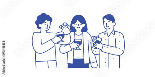 Three people enjoying drinks and conversation in a simple line art style