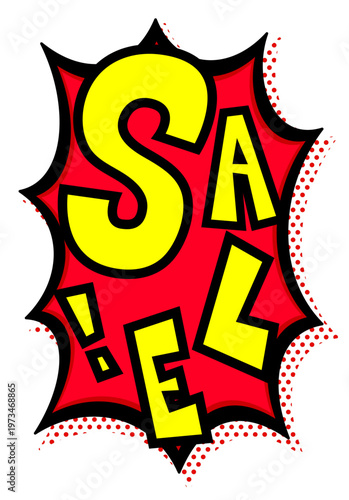 レッドSALE!文字と黒太線の赤いトゲトゲ吹き出し。縦長の激安セール告知用。