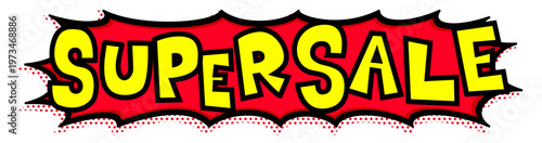 レッドSUPER SALE文字の黒太線の赤いトゲトゲ吹き出し。激安セール告知横長ワイド素材。