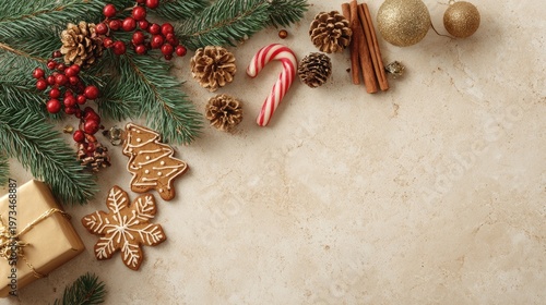 Christmas flat lay background with gingerbread cookies, festive holiday border on marble surface, winter seasonal composition with fir branches