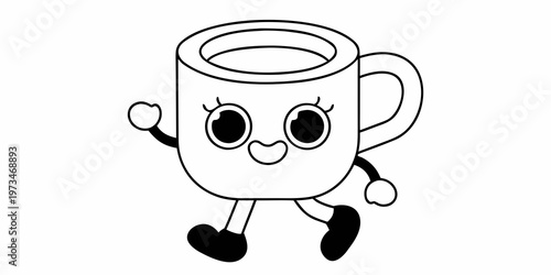 Adorable cartoon mug character with a face and limbs is walking
