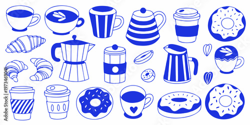 A collection of blue line art illustrations featuring coffee pastries and teaware