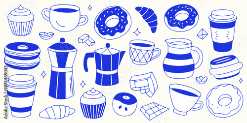 Collection of blue line art desserts coffee and tea items