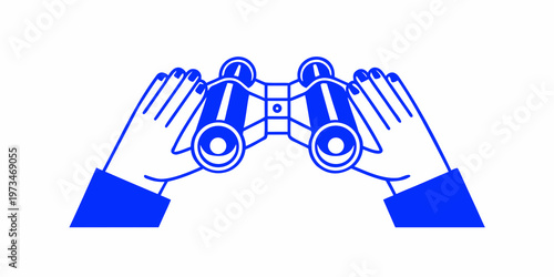 Hands holding blue binoculars in a simple illustrative design