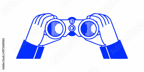 Hands holding blue binoculars in a simple illustrative style
