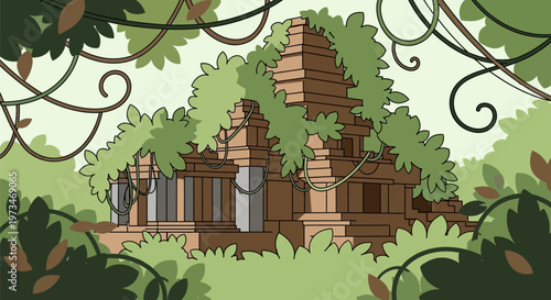 Ancient Stone Temple Ruins Hidden in Lush Jungle Foliage.