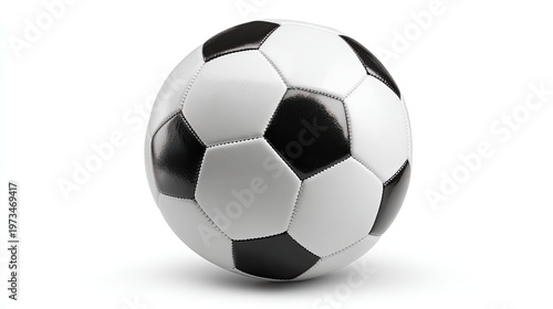 Classic soccer ball with black and white pentagons, professional leather football on white background, athletic sports equipment for competition