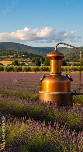 Copper Still in Lavender Field with Mountains and Sky.