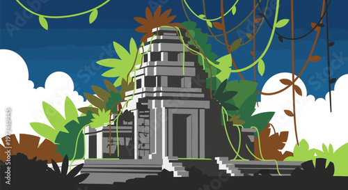 Ancient stone temple structure in a lush jungle setting.