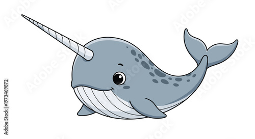Cute cartoon narwhal, the 'unicorn of the sea,' showcasing its distinctive long tusk and happy expression, a charming arctic whale.