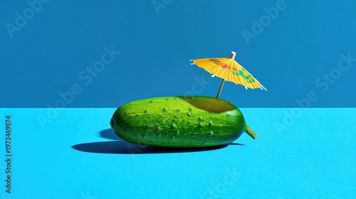 Surreal summer concept with green cucumber and yellow cocktail umbrella, creative food art on blue background, minimalist vacation metaphor