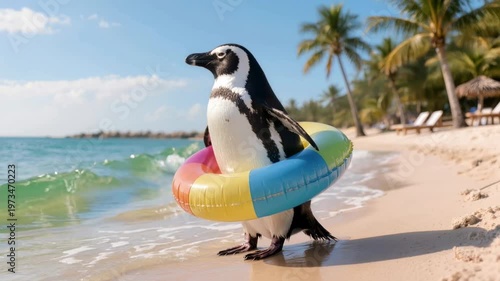 Penguin stands in shallow sea water with a bright inflatable ring on a sandy tropical beach, creating a humorous summer vacation concept with a playful animal scene.