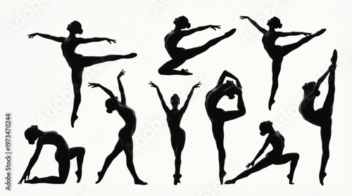 Yoga Silhouettes Practicing Various Poses on White Background