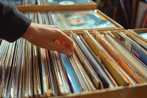 Hand gently browsing through rows of vinyl record sleeves in a warm-lit crate, evoking nostalgia and curiosity