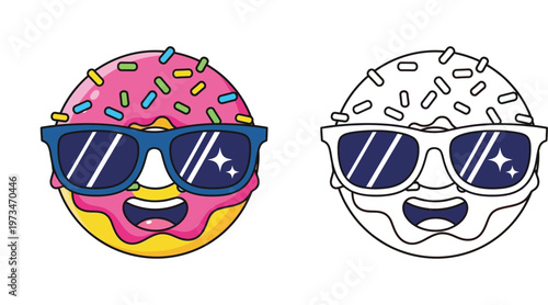 Cute Cartoon Donut Character Wearing Sunglasses with Pink Frosting and Sprinkles including a Line Art Version for Coloring Page, Vector Illustration for Kids and Bakery Branding