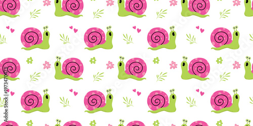 Colorful snail seamless pattern with hearts flowers and leaves. Cute playful design for kids fabric wrapping paper and wallpaper