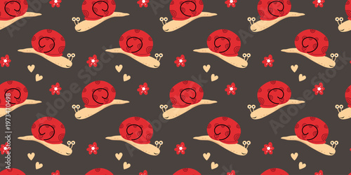 Cute cartoon snail seamless pattern featuring beige snails with bright red shells surrounded by small flowers and heart shapes on a warm brown background
