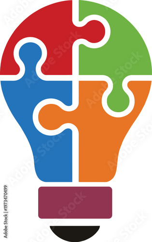 Creative light bulb logo made of puzzle pieces representing innovation, problem solving, teamwork, and idea generation. Modern colorful vector design ideal for business, startups, brainstorming concep