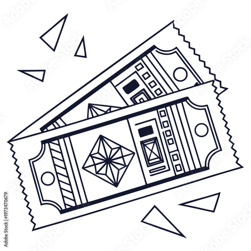 Two tickets with a retro design, isolated on white background, a simple line