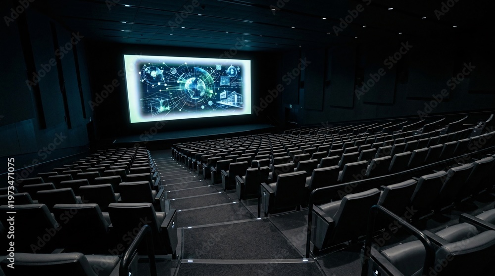 Fototapeta premium This illuminated presentation screen glows softly inside a completely dark modern lecture theater beside rows of sleek minimalist seats.